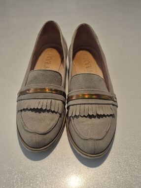 Rylko Gray-beige Suede Fringe Loafers with Metallic Accent